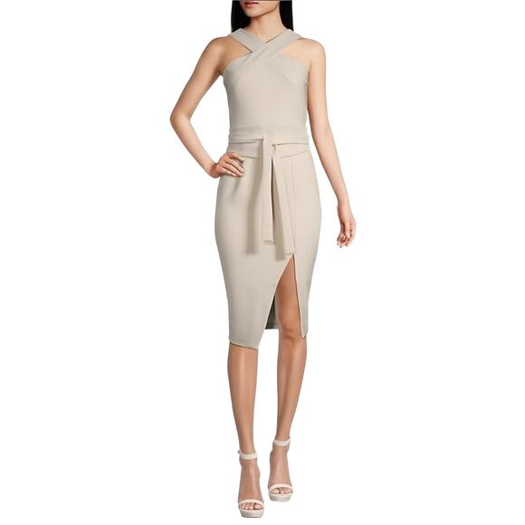 Lavish Alice Beige Halter Midi Dress w/ Obi Belt NWT Size 0 Wedding Guest - Picture 1 of 8